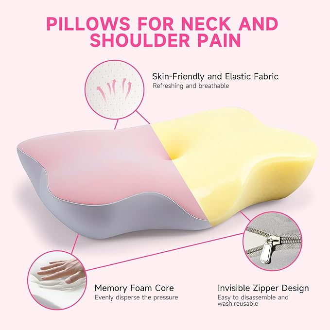 Ergonomic Neck Pillow for Sleeping, Breathable Snoring Memory Foam Pillows, Sleep Apnea Pillows for Neck Correcting/Cozy Rest/Deep Sleep/Fibromyalgia Pillow [Pink]