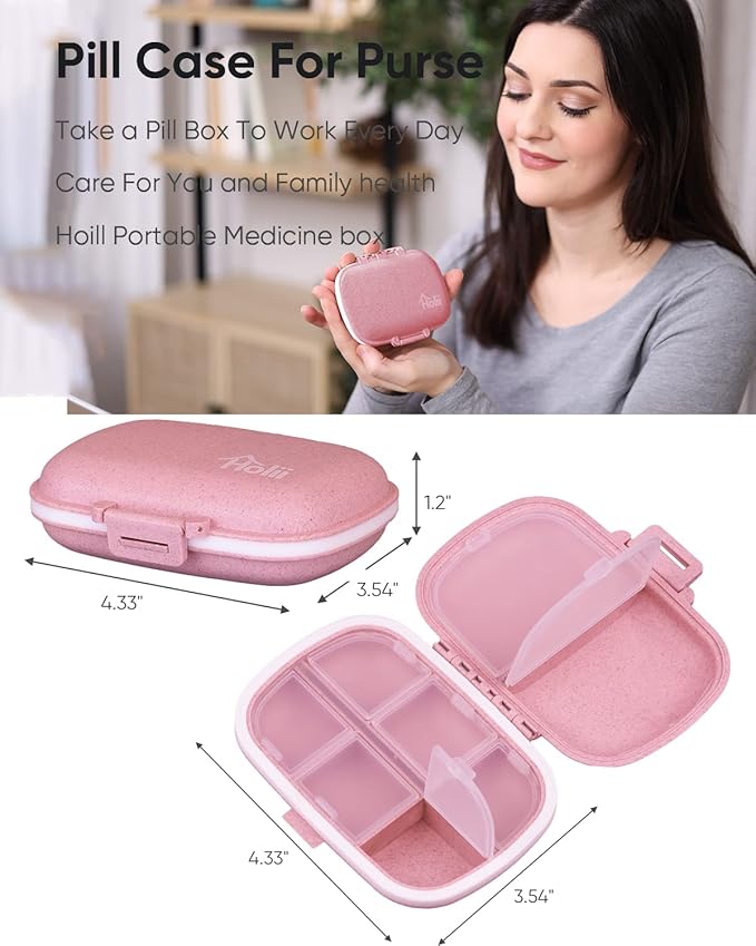 Holii 2PS 8 Compartments Travel Pill Organizer, Pocket Pharmacy for Purse Daily Pill Box Portable Medicine Organizer Vitamin Holder Container (Light Pink)