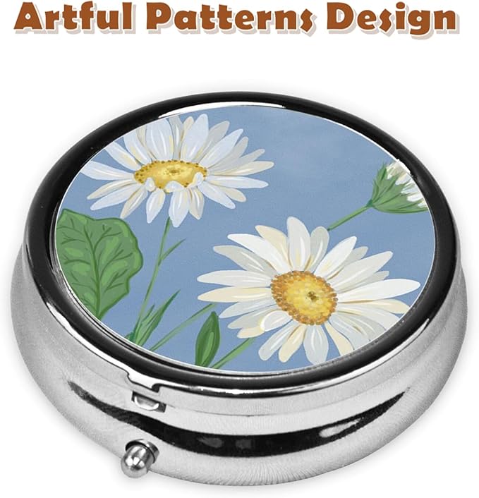 Metal Pill Organizer - 3-Compartment Mini Round Pill Case for Pocket & Purse, Portable Vitamin Holder, Easy-Open Design for Travel - Daisy