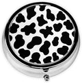 Animal Cow Print White Black Spot Print Round Metal Pill Box with 3 Compartment for Pocket or Purse Travel Bag Mini Small Size 2 inche