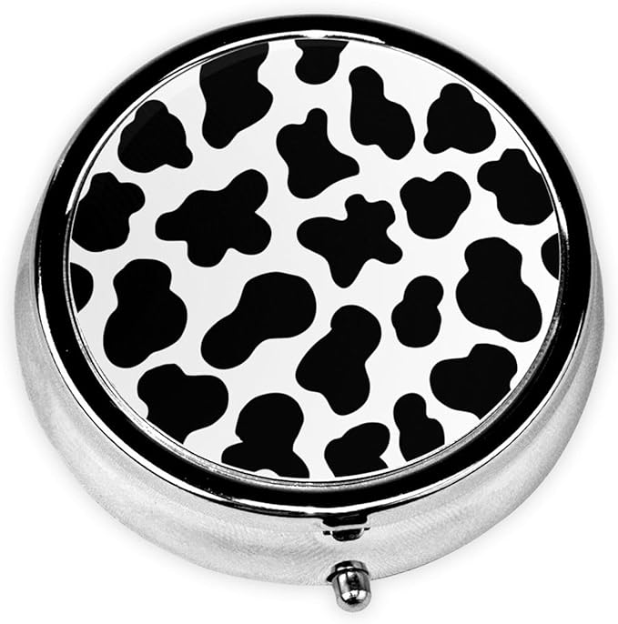 Animal Cow Print White Black Spot Print Round Metal Pill Box with 3 Compartment for Pocket or Purse Travel Bag Mini Small Size 2 inche