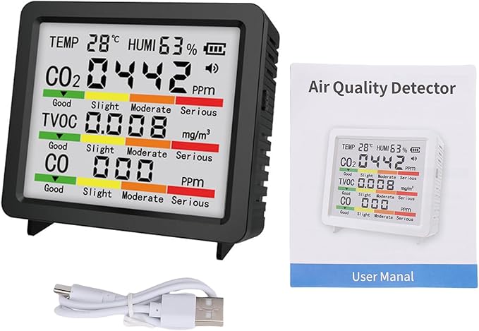 Fabater Air Quality Monitor, 5 in 1 Multifunction Real Time Portable Smart CO2 Monitor, Air Quality Tester with LCD Display and Flexible Placement for Home Office Car Hotel (Black)