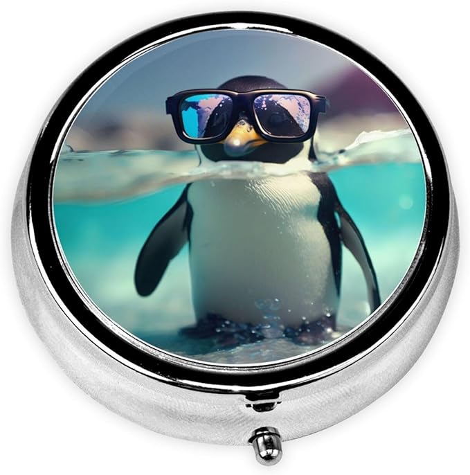 Cute Penguin Glasses Pill Box 3 Compartment Pill Case, Portable Medicine Pill Organizer for Pocket Purse Pill Box Decorative Metal Medicine Vitamin Organizer