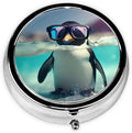 Cute Penguin Glasses Pill Box 3 Compartment Pill Case, Portable Medicine Pill Organizer for Pocket Purse Pill Box Decorative Metal Medicine Vitamin Organizer