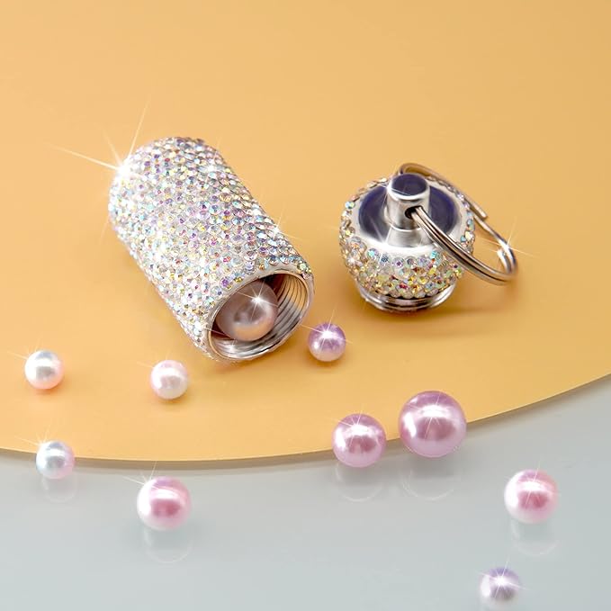 Yuchew Bling Pill Case Pill Container Rhinestone Pill Box Portable Waterproof Pocket Pill Holder Storage Bottle with Keychain for Travel, Outdoor, Camping (AB Color)