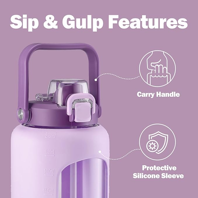 72oz Glass Water Bottle with 2-IN-1 Straw &Chug Lid, Large Motivational Glass Bottle with Capacity Marker and Silicone Sleeve, 2.1Liter Gallon Water Jug for Home, Sports, Gym, BPA Free-Light Purple