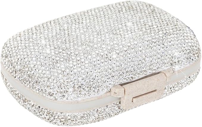 Daily 6 Compartments Pill Box Container Bling Diamond for Purse Medicine Container Holder for Women Travel Kit Medicine (White)