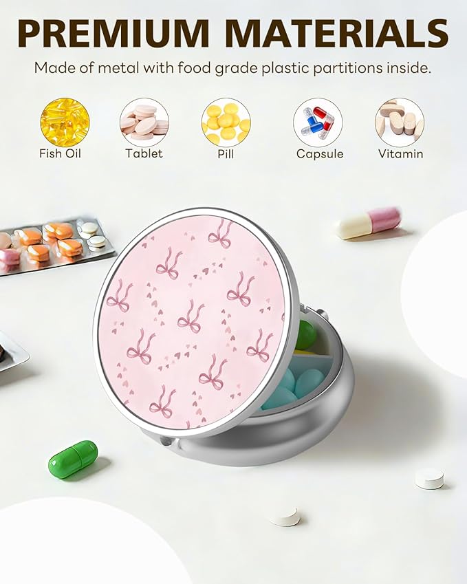 LRITER Pill Case, Portable Travel Pill Box, Pillbox Organizer, Cute Small Medicine Storage Container, Purse Accessories for Women, Men (Ribbon Bow)