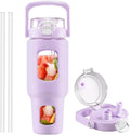 BLUEGO 40 oz Glass Water Bottle with Straw, Leakproof and Time Marker, Wide Mouth for Travel, Gym, Workout, Purple