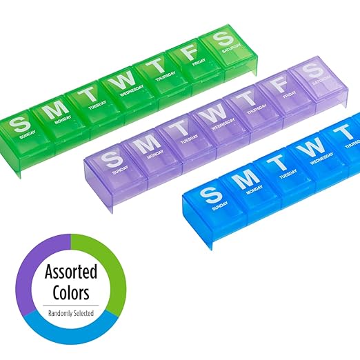 EZY DOSE Weekly (7-Day) Pill Case, Medicine Planner, Vitamin Organizer, 2X-Large Contoured Compartments for Easy Pill Removal, Color May Vary, BPA Free
