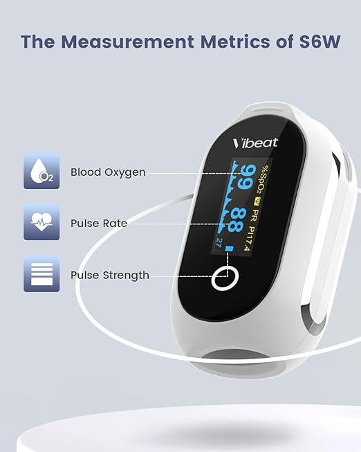 Rechargeable Pulse Oximeter Fingertip, Vibeat S6W Bluetooth O2 Monitor Finger with Real-Time Blood Oxygen Saturation & Heart Rate Tracking, Batteries and Lanyard Included