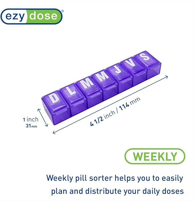 EZY DOSE Weekly (7-Day) Pill Organizer, Vitamin Planner, and Medicine Box, Small Compartments, Color May Vary, Spanish Imprints