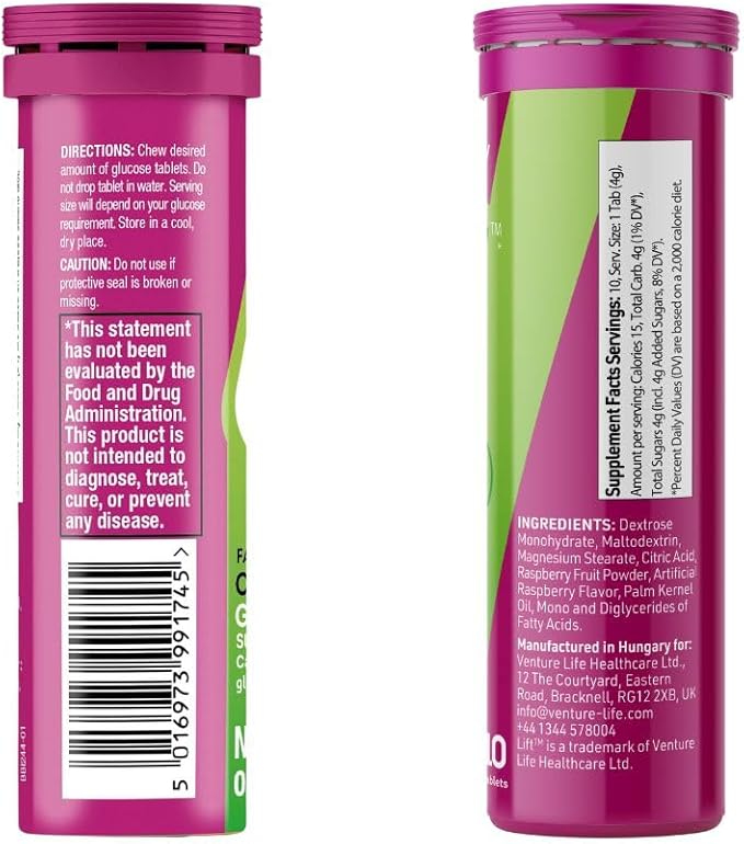 Lift Glucose Fast-Acting Glucose Chewable Energy Tablets, Raspberry, 10 ct Tube (Pack of 12)