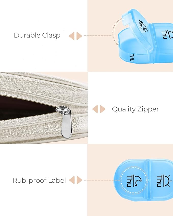 Cute Pill Organizer 2 Times a Day, PU Leather Pill Case for Women, Portable Weekly Pill Box for Purse with Storage Bag to Hold Vitamins, Medications, Fish Oils, Supplements (Beige)