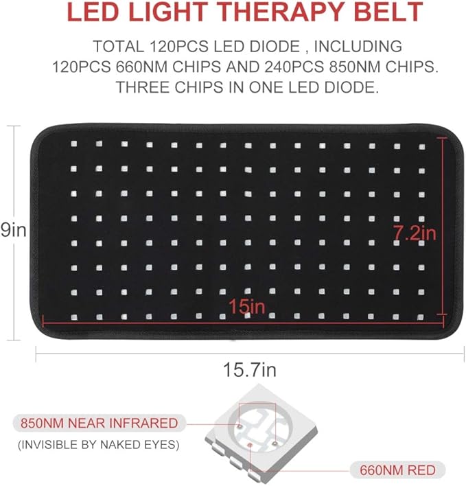 25W 660nm LED Red Light and 850nm Near Infrared Light Therapy Devices Large Pads Wearable Wrap for Body Pain Relief