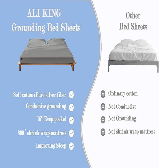 Ali King Grounding Sheets - Full XL Size, Soft Cotton with Silver Fiber, 15'' Deep Pocket Earth Grounding Fitted Bed Sheets for Improved Sleep (Light Gray, Full XL 54''*80''*15'')