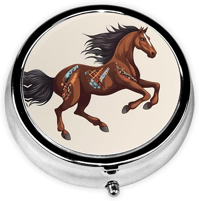Brown Horse Pill Box 3 Compartment Round Portable Pill Case for Pocket or Purse Pill Holder Weekly Pill Organizer Decorative Metal Medicine Vitamin Organizer Travel Gift