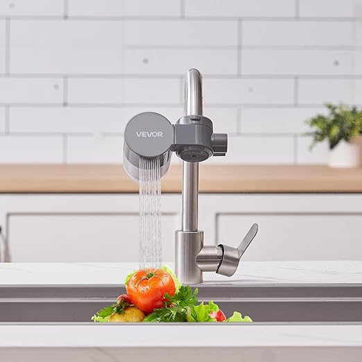 VEVOR Faucet Mount Water Filter, Horizontal Water Purifier for Sink Tap, NSF Certified Carbon Fiber Filter, Removes Chlorine Lead with 3 Filters, Fits Most Kitchen or Bathroom Faucets, Gray