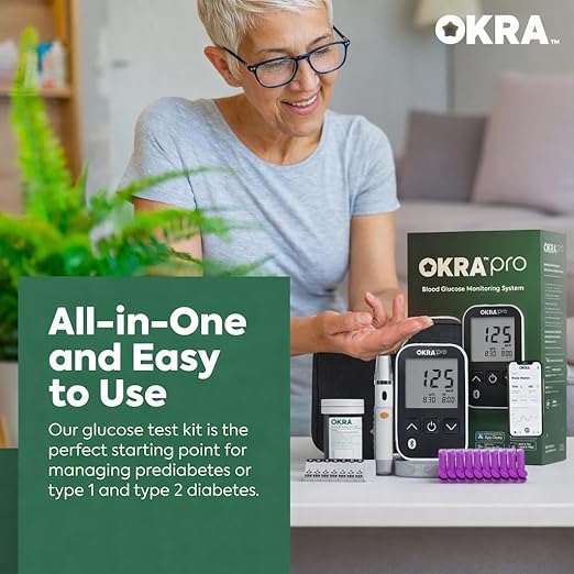 OKRA PRO Blood Sugar Monitor Kit – 5s Fast Glucose Results, No Coding, Strip Ejection, App for Tracking, 25 Test Strips, Home Diabetes Testing