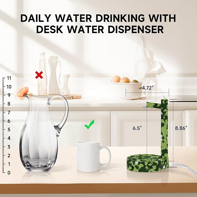 Water Dispenser for 5 Gallon Bottle – Desktop Electric Water Pump with USB-C Fast Charging, Portable 5 Gallon Water Jug Dispenser for Home, Office, Bedside & Countertop(Green Camouflage)