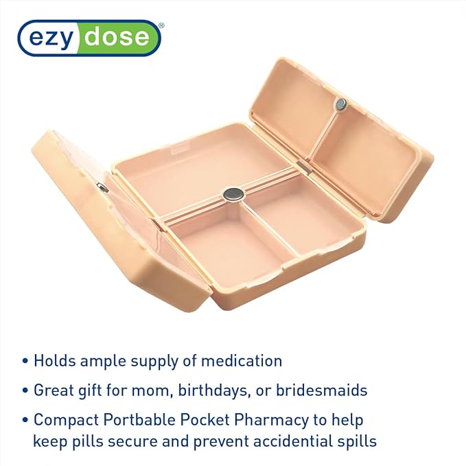 EZY DOSE Bi-Foldable Magnetic Pill Case, Medicine Planner, Vitamin Organizer Box, Snap-Shut for Security, Durable and Easy to Use, 7 Individual Compartments with Various Sizes, Travel-Friendly, Peach
