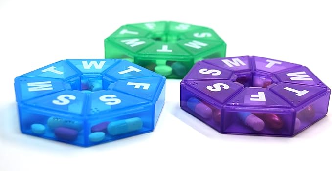 Pillthing Weekly 7 Sided Pill Organzier 3 pack 1 each of Blue Green Purple. Small Pill Box for Travel with Medical Alert Card