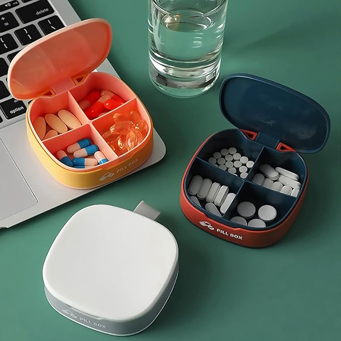 2PCS Pill Box 4 Times a Day Daily Pill Container Portable Pill Holder for Purse Compact Medicine Pill Organizer Vitamin Case Ideal for Travel (Blue+Pink)