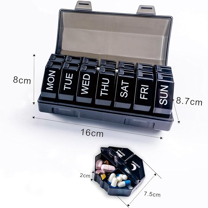 Weekly Pill Organizer 4 Time a Day，Pill Dispensers， Pill Box 7 Day with 28 Extra Large Compartments Portable Travel ，4 Times a Day Pill Case, for Medication/Vitamins/Fish Oils (Black)