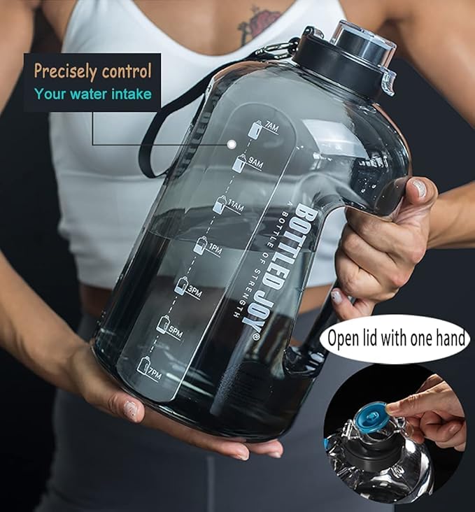 1 Gallon Water Jug with Flip-top Lid and Handle Strap, Leak-proof BPA Free Reusable Time Marker Reminder Large Capacity Gallon Water Bottle for Outdoor Sports Fitness Gym Hiking