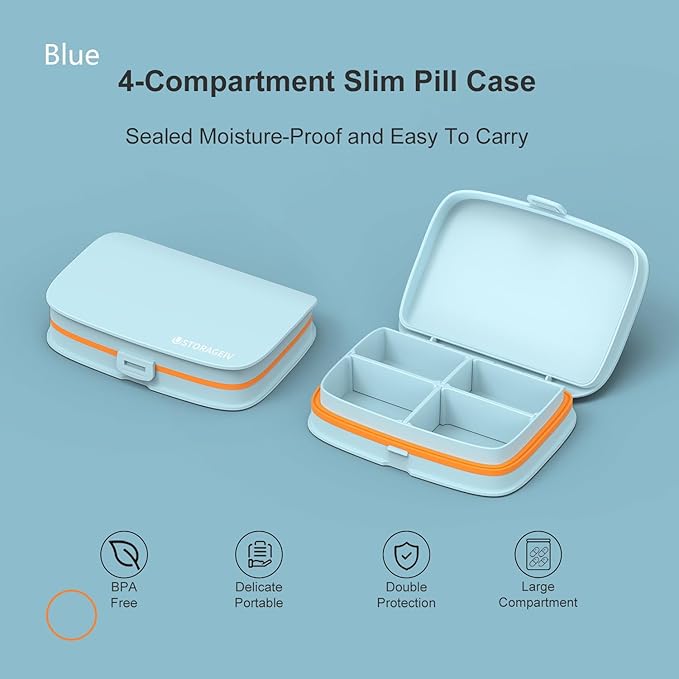 Slim Pill Case - Portable Pill Organizer with Removable Compartments - Leakproof Pill Holder for Daily Medication