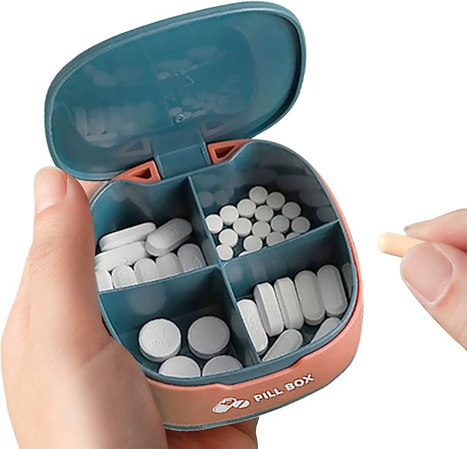 Pill Box 4 Compartment Pill Container for Purse, Portable Medicine Organizer Daily Vitamin Organizer Small Pill Case Cute Pill Organizer Travel Pill Holder Vitamin Organizer (Blue, 1PCS)