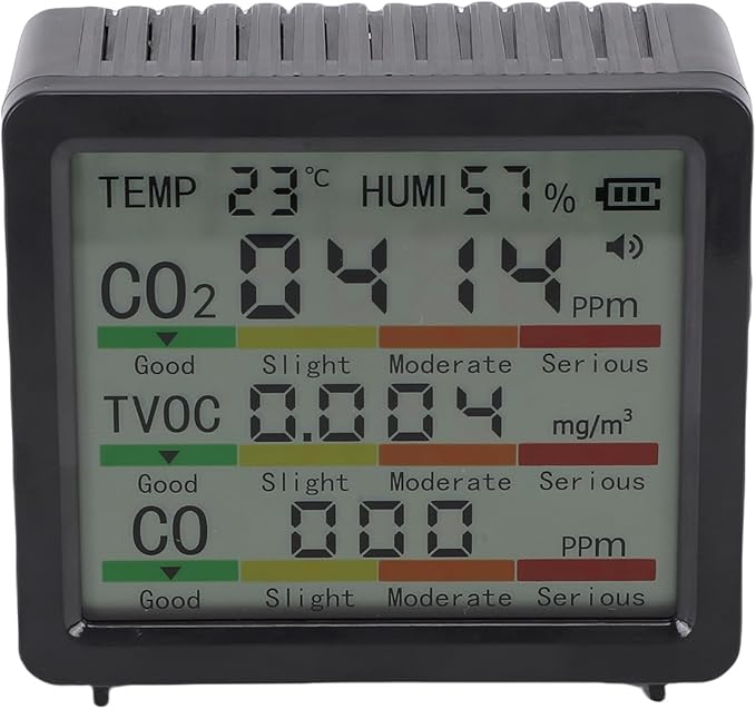 Fabater Air Quality Monitor, 5 in 1 Multifunction Real Time Portable Smart CO2 Monitor, Air Quality Tester with LCD Display and Flexible Placement for Home Office Car Hotel (Black)