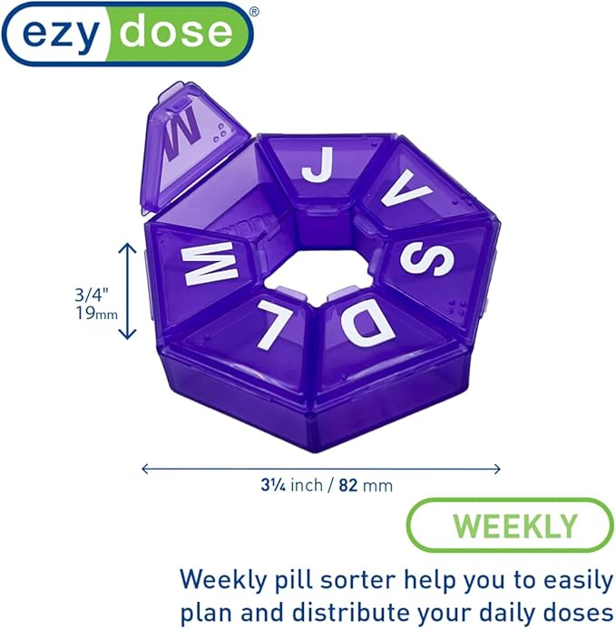 EZY DOSE Weekly Pill Organizer, Medicine Box, and Vitamin Planner, Travel Pill Planner, 7-Sided, Color May Vary, Spanish Imprints (Pack of 2)