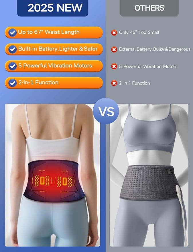 ALLJOY 67" Cordless Heating Pad for Back Pain Relief FSA Eligible HSA, Portable Lower Back Massager with 3 Heat 5 Vibration, Wireless Heating Pad for Cramps,Rechargeable Back Support Heat Massage Belt