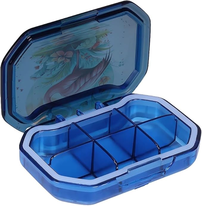 This Portable Flamingo Flower Pattern 6 Compartment Pill Box Can Be Placed in A Pocket Or Wallet to Store Vitamins, Medicines Health Supplements Other Medications.