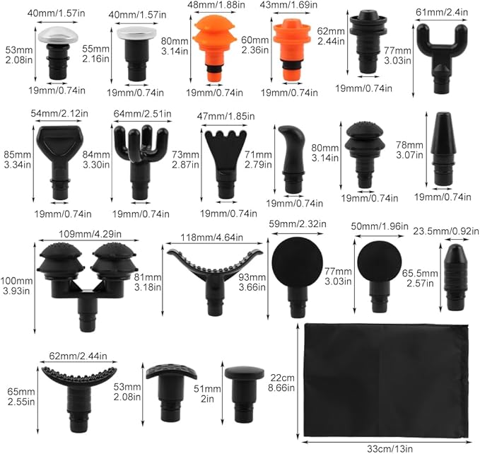 Massage Gu-n Attachments, 20pcs Relaxation Massager Heads with 2pcs Drawstring Bag Different Massager Heads to Meet Different Needs for Deep Tissue Percussion Plug and Play(Black)