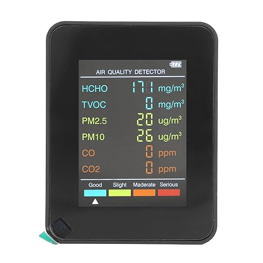 CO2 Monitor, Indoor Air Quality Meters Portable Carbon Dioxide Detector, LCD Backlight Screen CO2 TVOC HCHO PM2.5 PM10 Tester with Alarm Clock, for Home, RV, Grow Tents (Black)