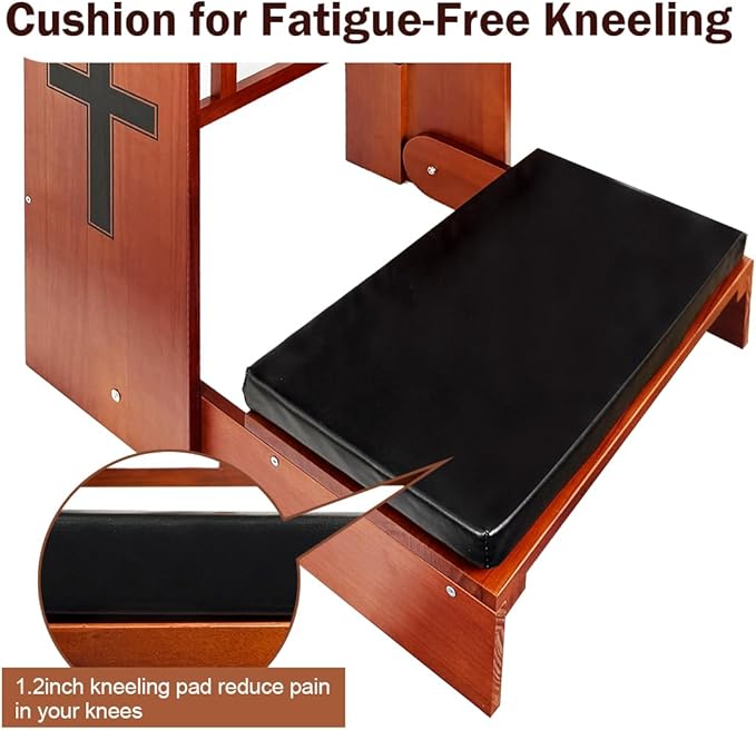 Wooden Prayer Kneeler with Storage Shelf & Cushion - Folding Prayer Bench for Home and Church, Comfortable Kneeling Devotional Pew Bench, 32" H x 22" W