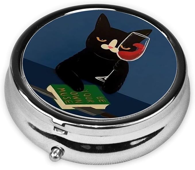 Metal Silver 3 Compartment Pill Box Pocket Portable Mini Travel Pill Case Small Round Decorative Medicine Box Vitamin Pill Organizer with Red Wine Black Cat