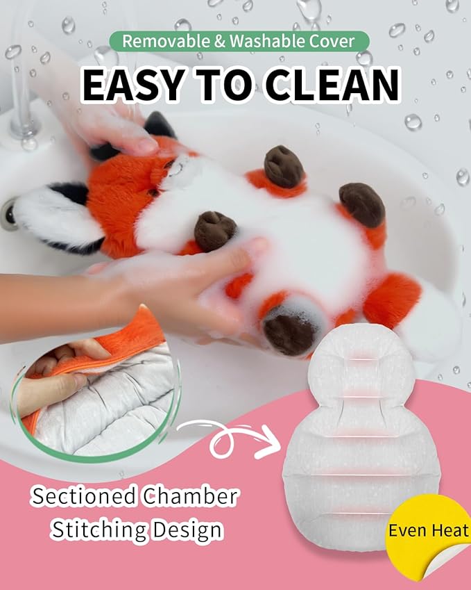 Red Fox Microwave Heating Pad for Period Cramps, Microwavable Stuffed Animal Cute Moist Weighted Plush Heating Bean Bag with Removable Cover Unscented Heatable Gifts