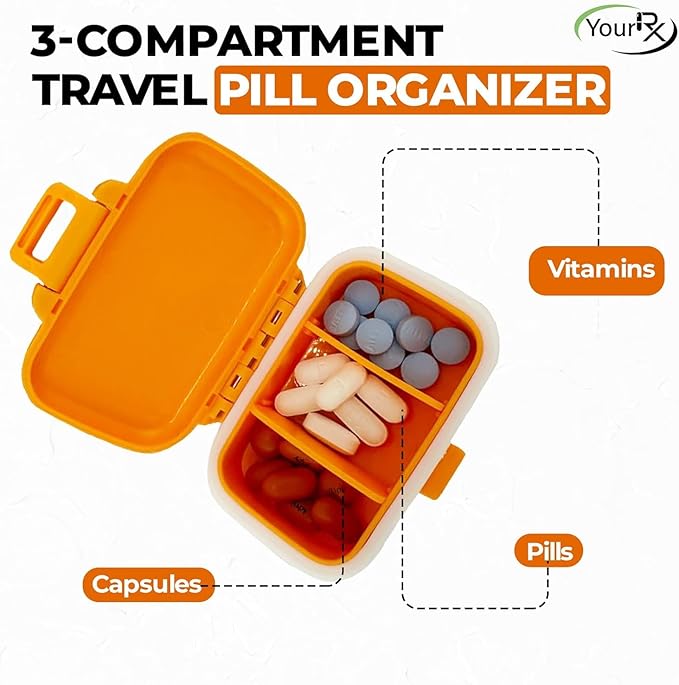 Travel Pill Organizer - Durable, Watertight Pill Case Travel Size with 3 Compartments - Compact Pill Travel Case for Vitamins, Supplements, Medicine - Travel Pill Container for Purse (Orange)