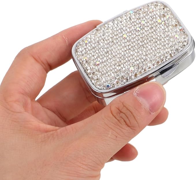 Portable Mini Pill Organizer Elegant Rhinestone 2 Compartment Crystal Small Pill Box Travel Medicine Case for Vitamins Liver Oil