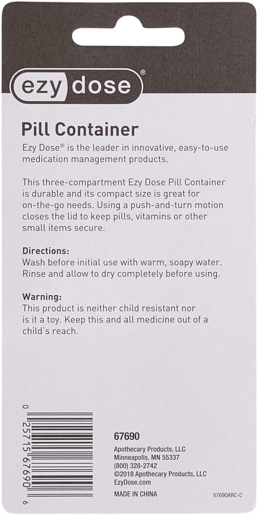 EZY DOSE Travel Pill Box and Medicine, Vitamin Container, Daily Planner and Storage, Three Compartments, Colors May Vary, BPA Free