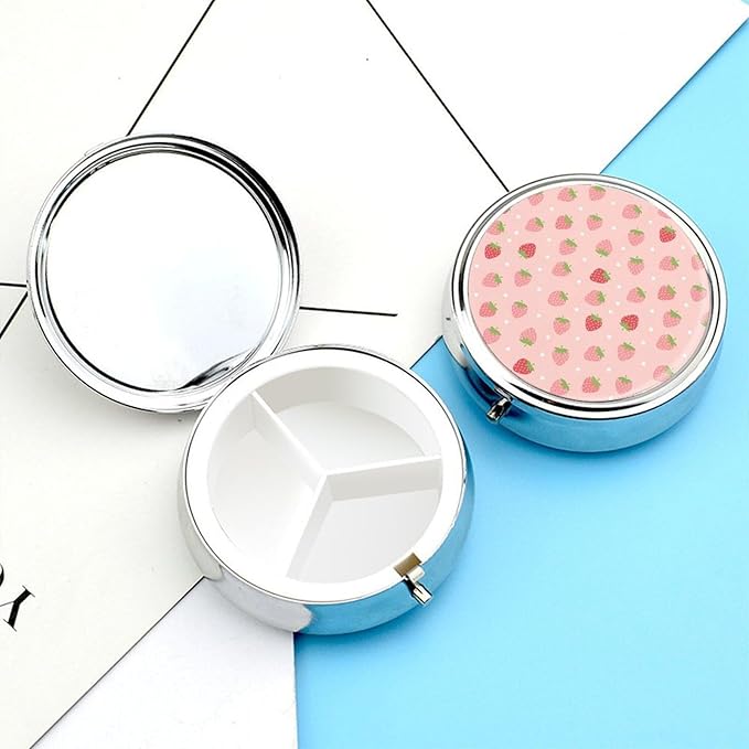 3 Compartment Pill Box, Round Medicine Pill Case, Cute Travel Pill Case, Decorative Portable Organizer for Pocket Compatible with Cute Pink Strawberry Polka Dot