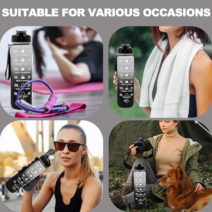 32oz Sports Water Bottle Outdoor, with Drinking Time and Capacity Labels, Sport Water Cups with Straw,BPA Free Leak Proof,for Fitness Gym Running Climbing(Grey black)