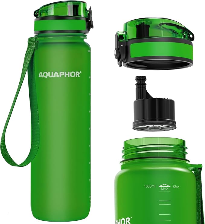 Nakii Filtered Water Bottle, Leakproof, BPA-Free, Motivational Markings, Travel, Everyday Use. 40-Gallon Filter, Replaces 300 Plastic Water Bottles. Includes 1 Filter, 22 FL Oz, Green by Aquaphor