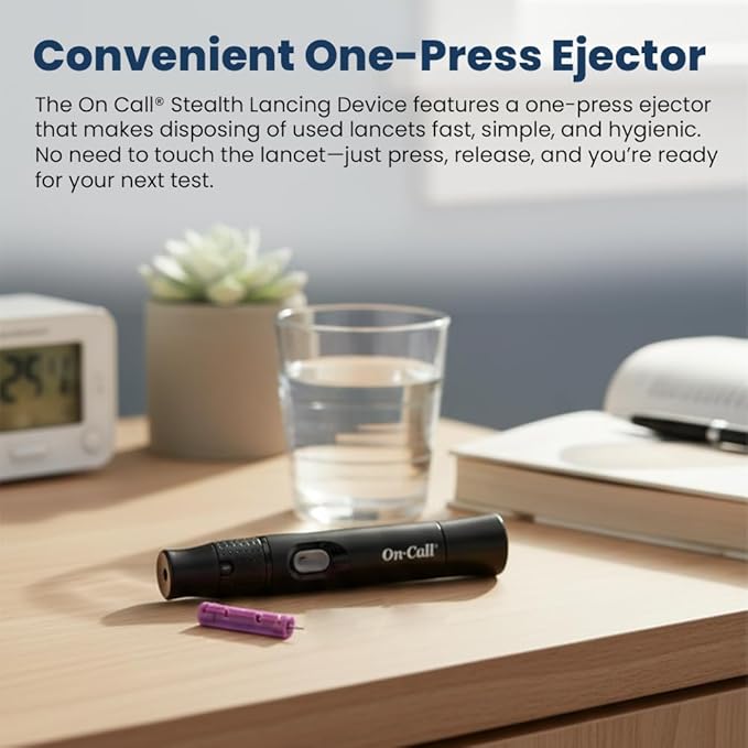 Stealth Adjustable Lancing Device for Blood Glucose Testing by On Call, 11 Depth Settings to Minimize Pain, Pen for Diabetes Monitoring