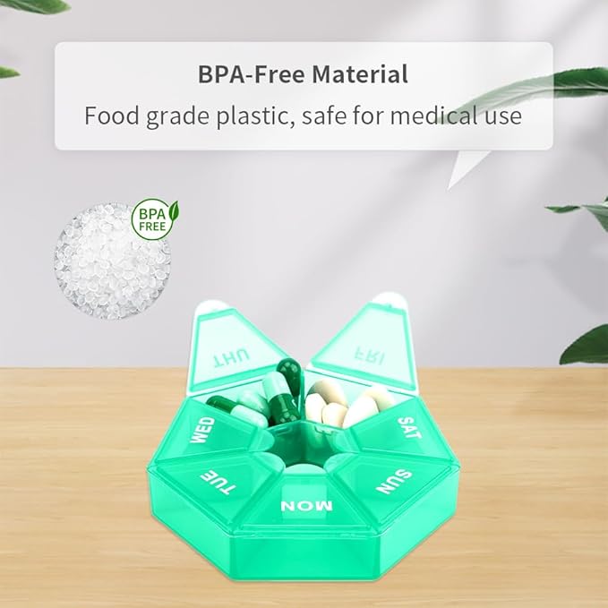 Green Daily Pill Organizer - 7 Day, 1 Time a Day, Travel Pill Box with 7 Compartments