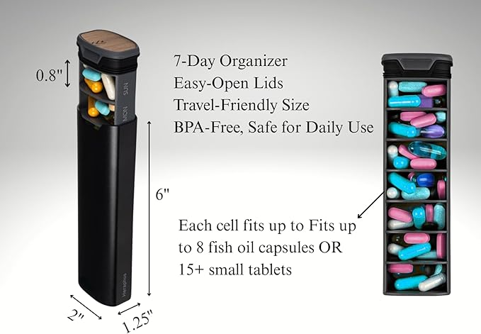 7-Day Aluminum & Wood Pill Organizer – Weekly Medicine & Supplement Case – Compact Travel Pill Box with Individual Daily Compartments (Black)