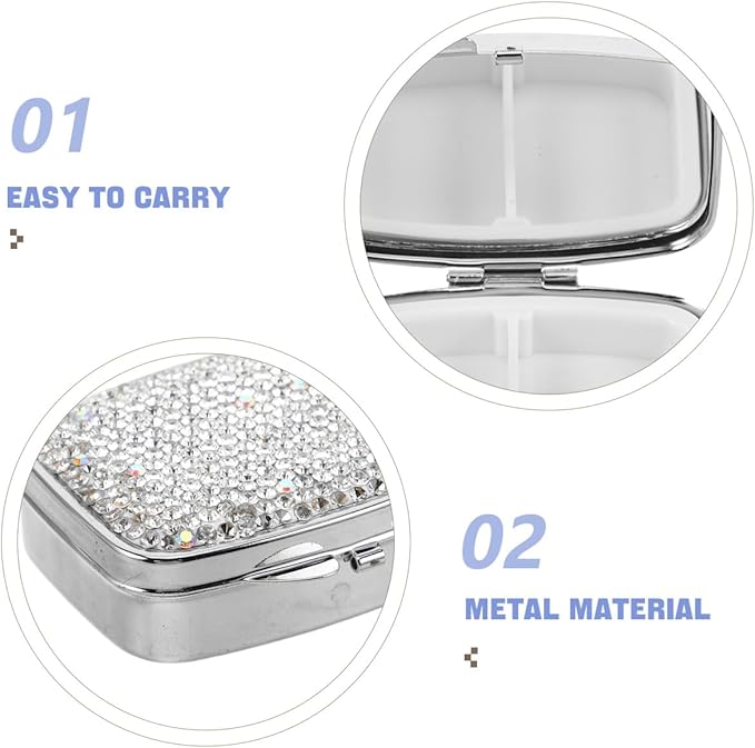 Portable Mini Pill Organizer Elegant Rhinestone 2 Compartment Crystal Small Pill Box Travel Medicine Case for Vitamins Liver Oil